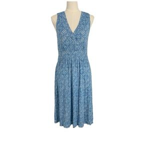 LL Bean Womens Wrap Top Midi Dress Medium Blue Floral Jersey Knit Preppy Resort